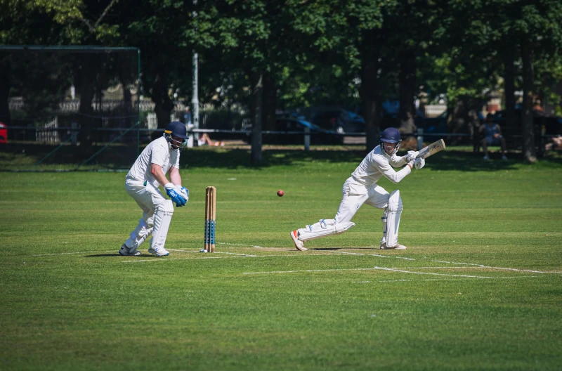 Two men playing a cricket match outside